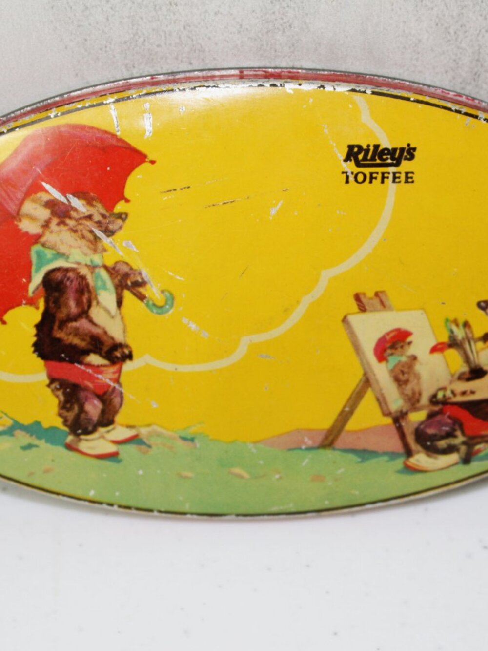 Vintage Oval Rileys Toffee Tin with Whimsical Mice - Rileys Brothers Halifax